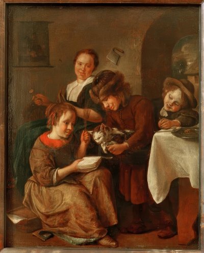 Niños enseñando a leer a un gato de Jan Havickszoon Steen