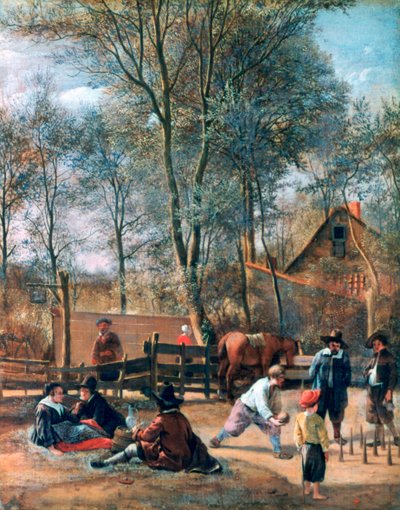 Jugadores de bolos fuera de una posada de Jan Steen