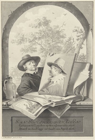 Hombre con una carpeta con dibujos y un retrato de Jan van Goyen de Jan Stolker