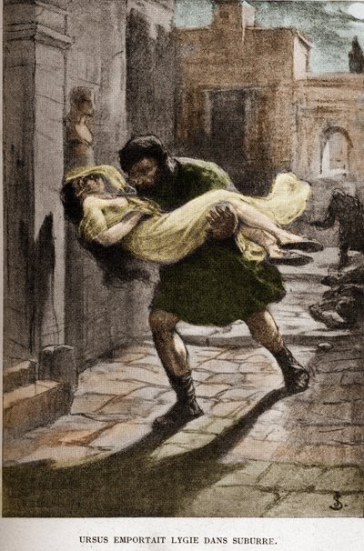 Ursus llevó a Lygie en suburre (capítulo X) ilustración de JAN STYKA (1858-1925) para la novela "Quo Vadis" de Henryk Sienkiewicz. de Jan Styka