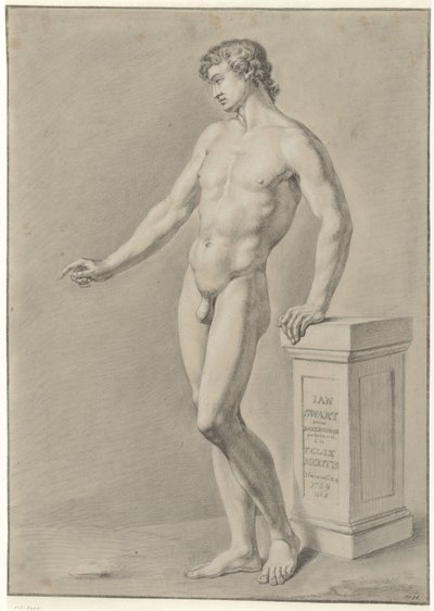 Hombre desnudo de pie cerca de una columna de Jan Swart