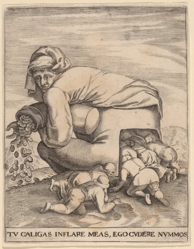 El Hombre con la Bolsa de Dinero y Sus Aduladores de Jan Theodor de Bry after Pieter Bruegel the Elder