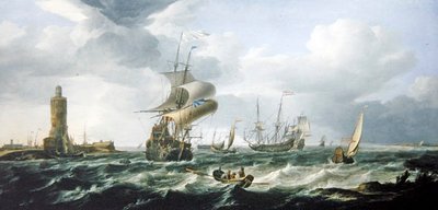 Estuario de un río con barcos holandeses en una brisa fuerte de Jan Theunisz Blankerhoff