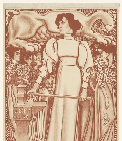 Trabajo para las mujeres. Billetes de lotería para la Exposición Nacional del Trabajo Femenino a 50 céntimos disponibles en el recinto y en los depósitos. Primer premio: una joya por valor de 1.000 euros (título en el objeto) de Jan Toorop