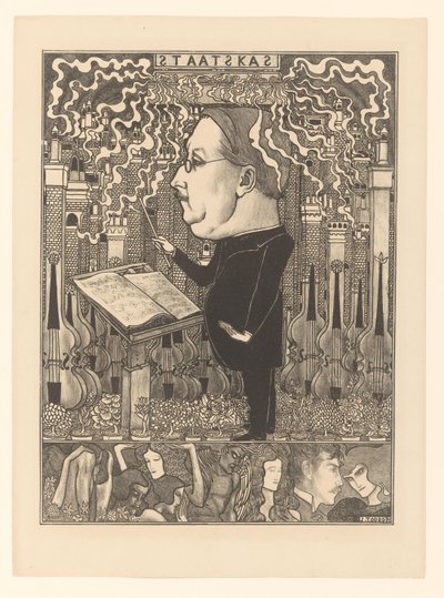 Director de orquesta tras los violines y las chimeneas humeantes
De Staatskas / De Haardsteden (título original) de Jan Toorop