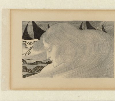 Mujer joven con pelo ondulado frente a un mar con barcos de Jan Toorop