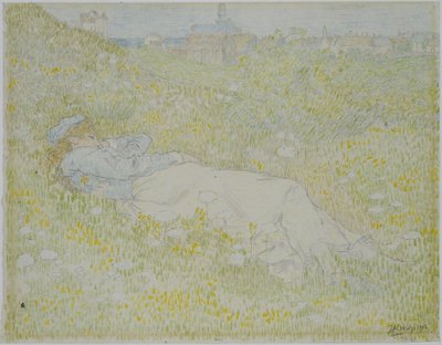 Mujer tumbada en las dunas cerca de Noordwijk
Chica tumbada en la hierba con la silueta de Noordwijk al fondo de Jan Toorop