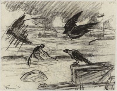 Paisaje marino con pescador, en primer plano una carretilla con pájaros de Jan Toorop
