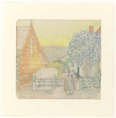 Chica de Zelanda, tejiendo en un patio de Jan Toorop