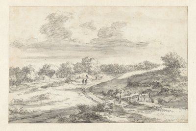 Paisaje de dunas con figuras a lo largo de un camino, con una cabaña en la distancia de Jan Vermeer van Haarlem (I) (attributed to)