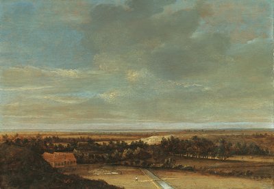 Un extenso paisaje de dunas con una granja y un campo de blanqueo de Jan Vermeer van Haarlem