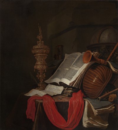 Naturaleza muerta con instrumentos musicales y libros Vanitas de Jan Vermeulen