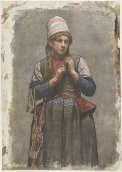 Chica de pie con traje tradicional y patines de hielo de Jan Veth