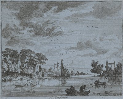 Negocios en un río Te, colegial (título sobre objeto) Paisajes del área de Haarlem (título de la serie) Gesigten fuera de Haarlem, Hecho por. JVV (título de la serie en el objeto) de Jan Vincentsz. van der Vinne
