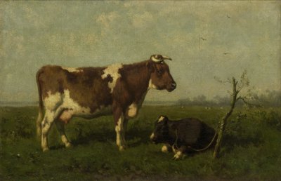 Una vaca con su ternero en un prado de Johannes Martinus Vrolijk