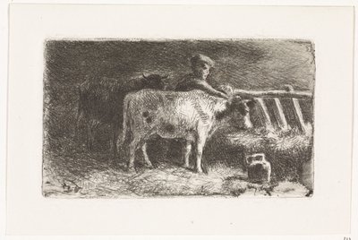 Granjero entre dos vacas en un estante en un establo (variante pequeña) de Johannes Martinus Vrolijk