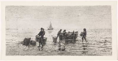 Los pescadores vacían un balandro en la playa de Johannes Martinus Vrolijk