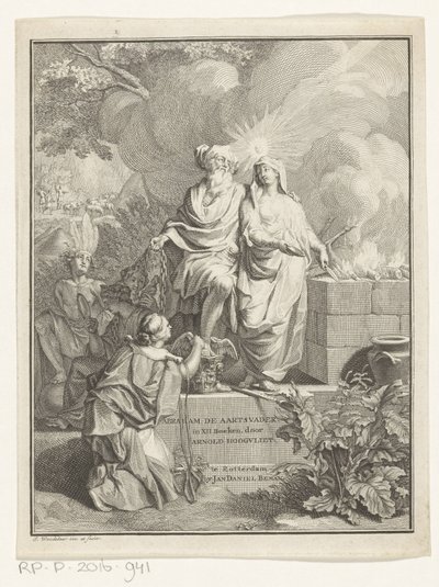 Portada alegórica con el patriarca Abraham y la verdad Página de título para: Arnold Hoogvliet, Abraham el Patriarca, en XII Boeken, 1728 de Jan Wandelaar