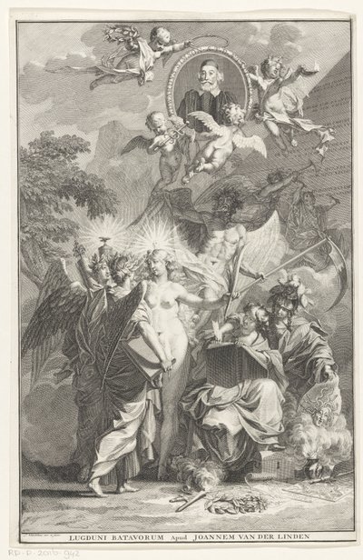 Portada alegórica con el retrato del escritor Edward Simson Página de título para: Edward Simson, Chronicon historiam catholicam complectens, 1729 de Jan Wandelaar