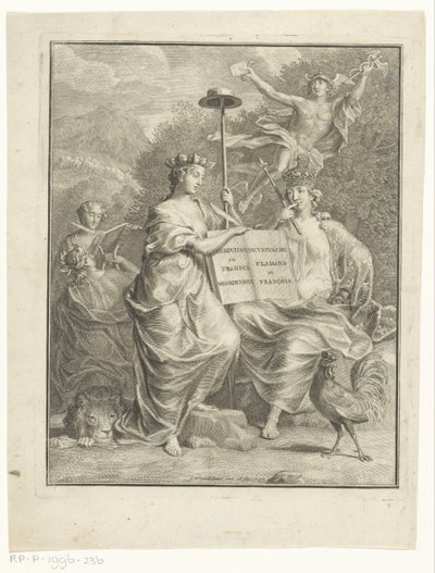 Personificaciones de los Países Bajos austriacos y Francia Diccionario holandés y francés / Dictionnaire Flamand et François (título sobre objeto) Página de título para: François Halma, The large French and Nederduitsch dictionary, 1761 de Jan Wandelaar