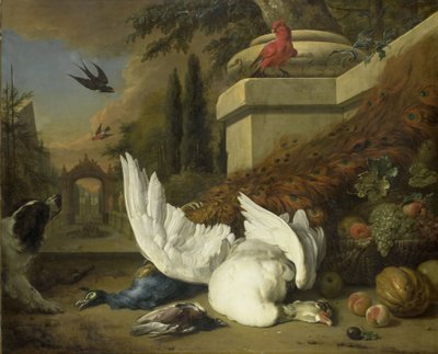 Un perro con un ganso y un pavo real muertos (Un estudio sobre la caza y la fruta) de Jan Baptist Weenix