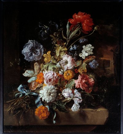 Ramo de flores depositado en un banco de piedra de Jan Baptist Weenix