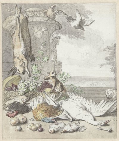 Caza muerta, un mono, un perro y algunos pájaros de Jan Baptist Weenix