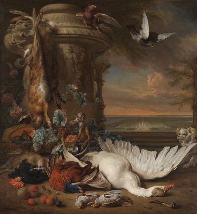Bodegón de caza y frutas junto a un jarrón de jardín, con un mono, un perro y dos palomas, en la distancia Rijksdorp, cerca de Wassenaar, sede de Jacob Emmery, barón de Wassenaar de Jan Baptist Weenix