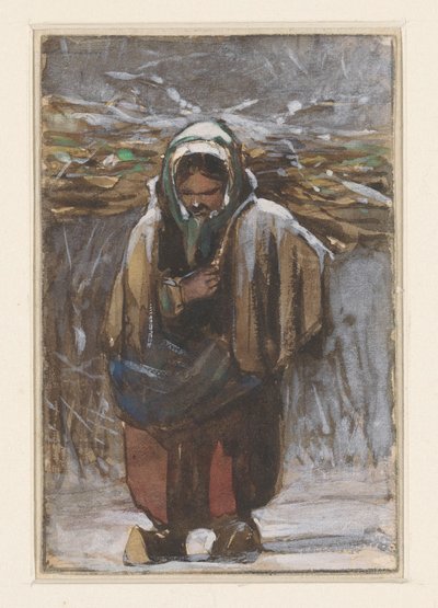 Mujer de granjero con troncos a la espalda en un paisaje invernal de Jan Weissenbruch