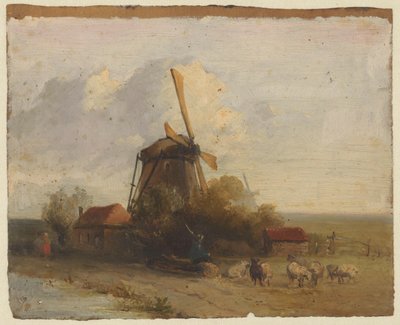 Paisaje con un molino de viento y un pastor con ovejas de Jan Weissenbruch