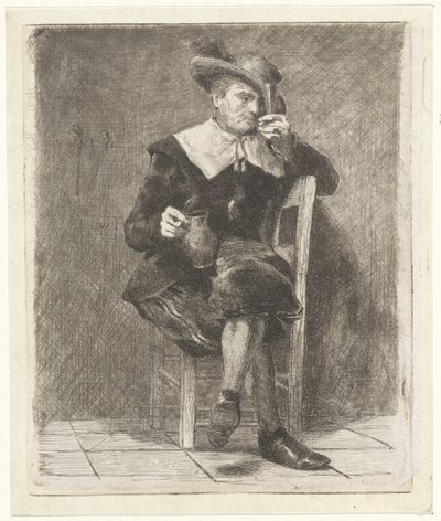 Hombre con jarra y vaso en una silla de Jan Weissenbruch