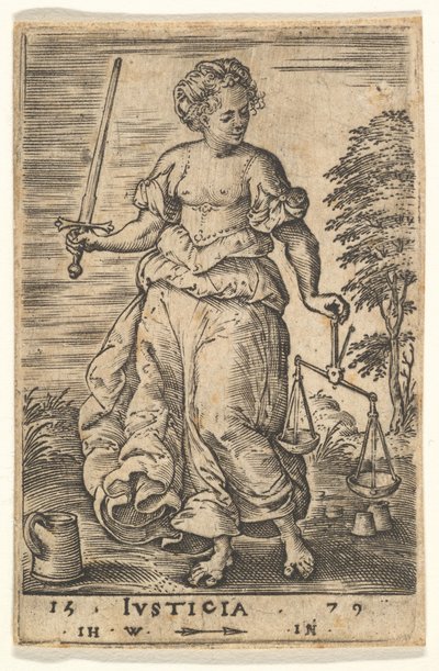 Justicia, una figura alegórica sosteniendo una balanza en su mano izquierda y una espada en su mano derecha, 1579 de Jan Wierix