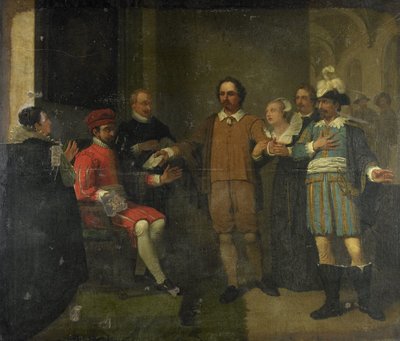 Jacob Simonsz de Rijk consigue que el gobernador general español Requesens libere a Marnix van Sint Aldegonde, 1575 de Jan Willem Pieneman