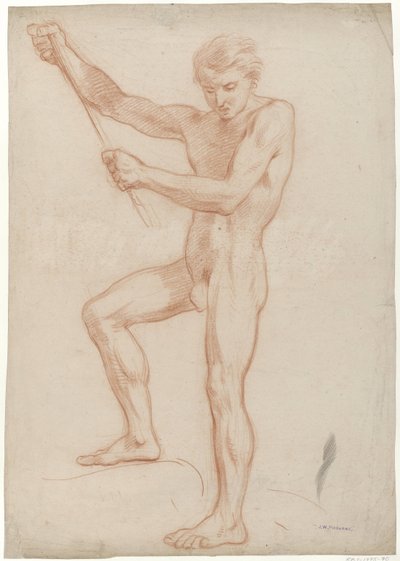 Hombre desnudo de pie, sosteniendo un bastón con los brazos levantados de Jan Willem Pieneman