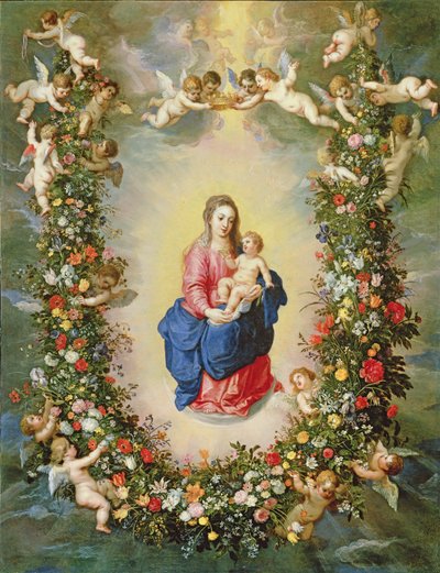 La Virgen y el Niño rodeados por una guirnalda de flores sostenida por querubines, c.1624 de Jan and Balen, Hendrik van Brueghel