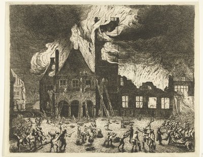 El antiguo Ayuntamiento de Ámsterdam en llamas de Jan de Baen