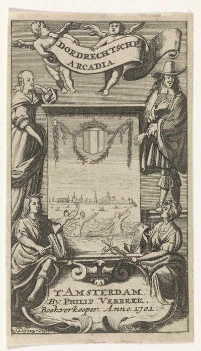 Cuatro figuras alrededor de un marco con vistas a Dordrecht Página de título para: Dordrechtsche Arcadia, 1701 de Jan de Jonge