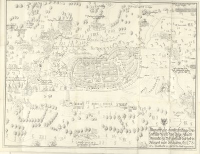 Asedio y captura de Deventer, 1578 Waerafftighe afconterfeitinge der loeflike Keyser free Anze Stadt Deventer En qué ghestalt que es Belgert onde Beschaten Ao. 1578 (título sobre el objeto) de Jan de Lange (II) (signed by artist)
