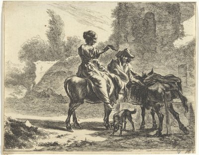 Pastores y burros en un abrevadero
Paisajes con pastores y ganado (título de la serie) de Jan de Visscher