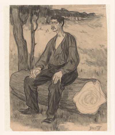 hombre que sienta, en, tronco de árbol de Jan de Waardt (signed by artist)