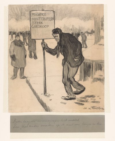 Vendedor ambulante con letrero Hermosos abrigos de invierno muy baratos de Jan de Waardt (signed by artist)