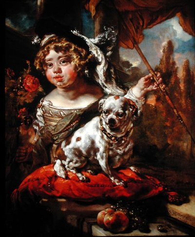 Retrato de un niño con sombrero emplumado, sosteniendo un halcón y una lanza, con un pug sentado frente a él de Jan or Joan van Noordt