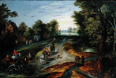 Paisaje con un camino de pueblo de Jan studio of Brueghel