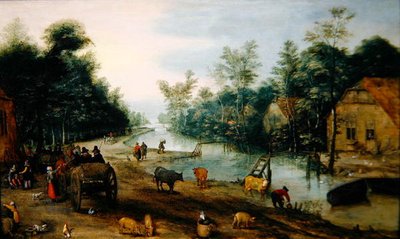 Paisaje fluvial arbolado en verano con viajeros llegando a una posada de Jan the Elder (circle of) Brueghel