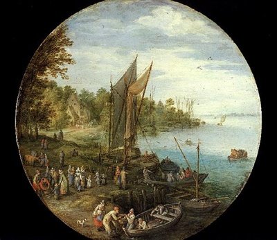 Un estuario boscoso con un ferry de Jan the Elder Brueghel