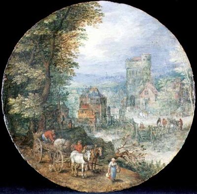 Un extenso paisaje boscoso con ciudad, molino y campesinos de Jan the Elder Brueghel