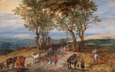 Escena campestre con figuras: Un hombre rezando en un santuario, c.1610 (óleo sobre cobre) de Jan the Elder Brueghel