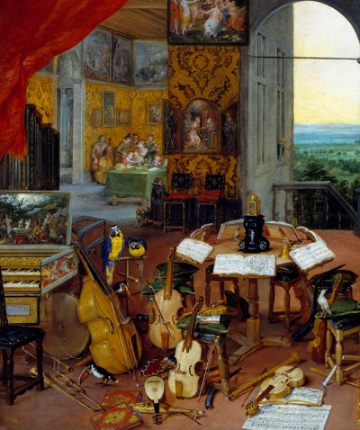 Detalle auditivo que representa instrumentos musicales (violonchelo, violín, laúd, flauta, clavecín) de Jan the Elder Brueghel