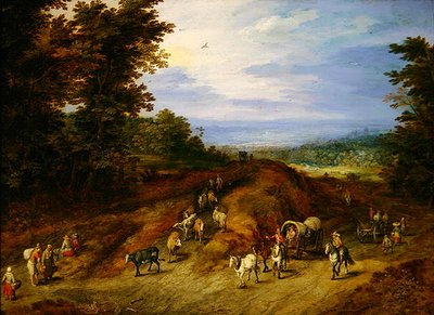 Paisaje con campesinos, carros y animales de Jan the Elder Brueghel