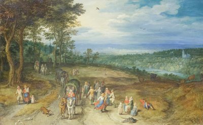 Paisaje con viajeros y campesinos en una pista de Jan the Elder Brueghel